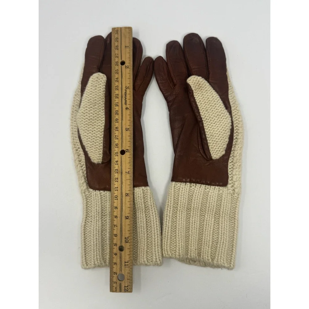 Grandoe Cashmere Cable Knit Leather Palm Gloves Cream Brown SM WPL9633